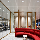 multiple silence rooms and a long partition wall on the left side