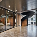 Fire resistant glass wall with double doors.
