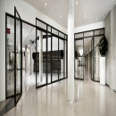 Fire resistant glass wall with large doors