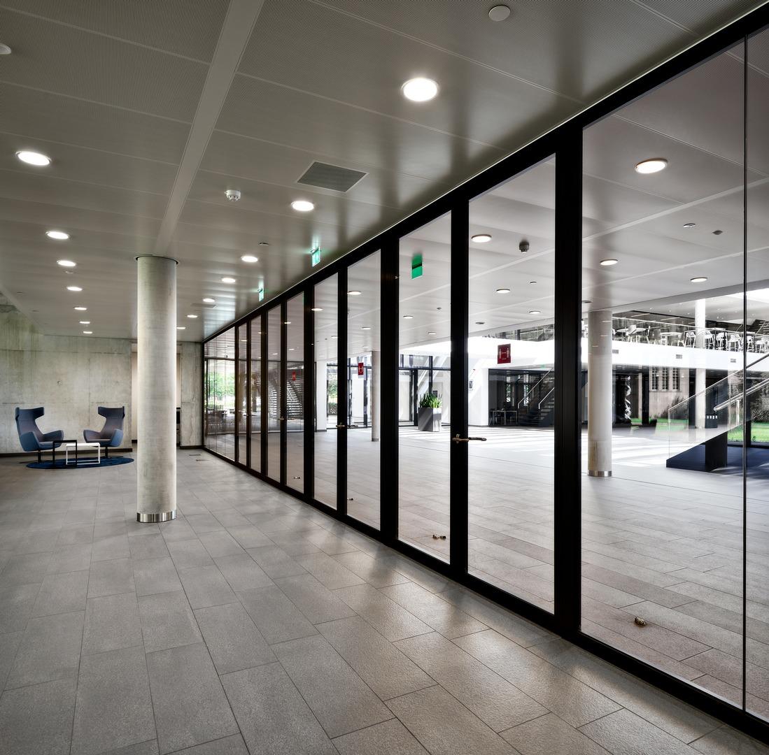 IQ Protect Fire EW30 fire resistant glass wall with multiple double doors