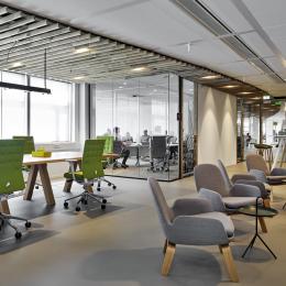 Warm interieur with wood elements and glass partitions walls