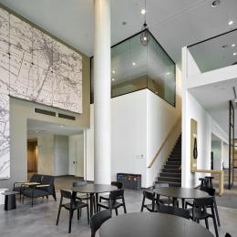Glass wall with fall through protection.