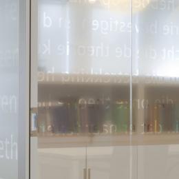 Closeup text design foil on glass wall