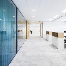 Blue colored singel glass partitions walls