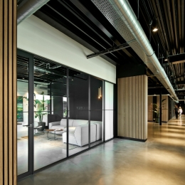 Glass partition with horizontal and vertical division