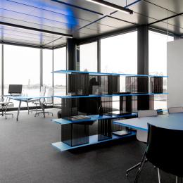 Office dividing glass wall with decorative panels