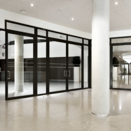 Fire resistant glass wall with large doors