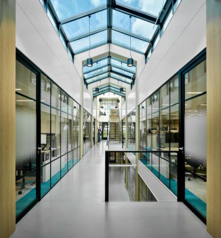 Corridor on the first floor with safety glass on the right