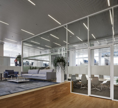 Boardroom with extra high glass walls.