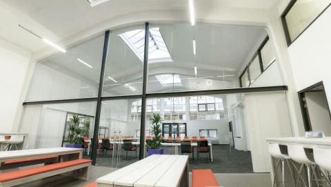 Extra high arc shape glass wall with double doors