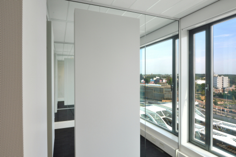 iQ Mute Acoustic panels on a iQ Single glass wall