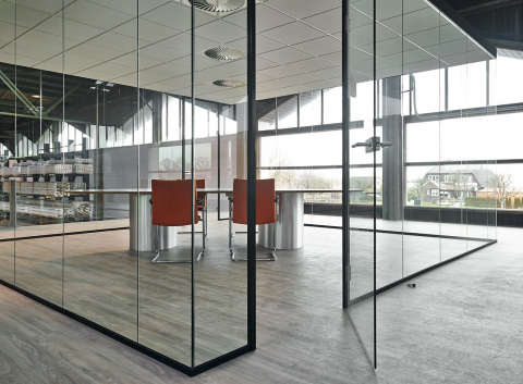 universal free standing glass office unit with full glass door