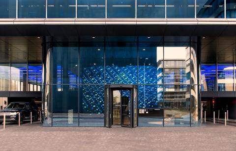 Entrance of The Flow building in Amsterdam Houthavens 