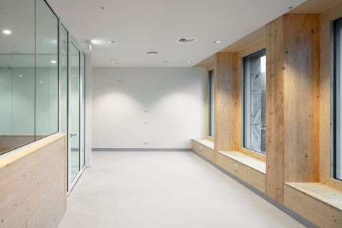 Fire resistant glass partition at Marga Klompé Building