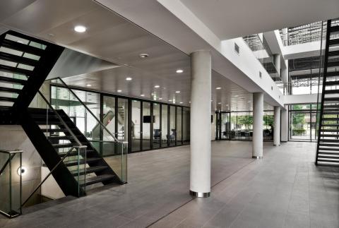 IQ Protect Fire EW30 fire resistant glass wall with multiple double doors