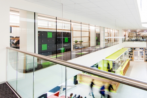 Glass balustrade system for stairwell and stairs