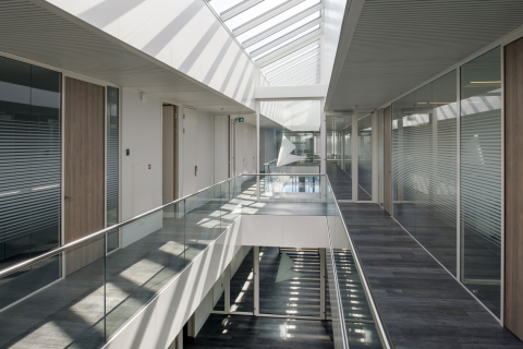 Glass office walls on the first floor