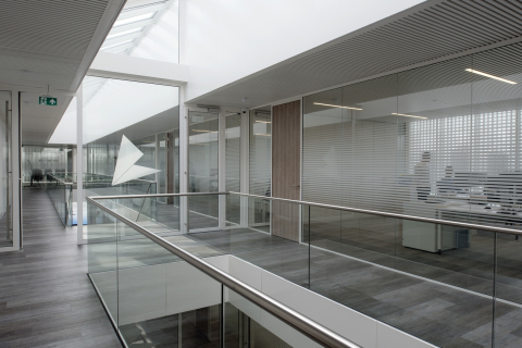 Glass office walls on the first floor