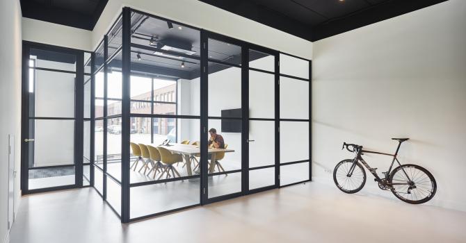 Industrial look glass wall